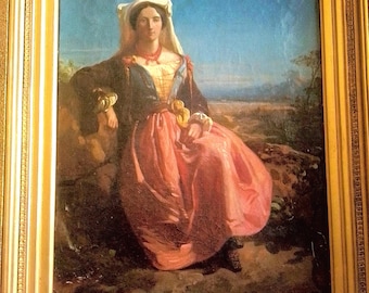 Cuadro de Eugène Lepoittevin: Dama francesa en paisaje italiano, firmado