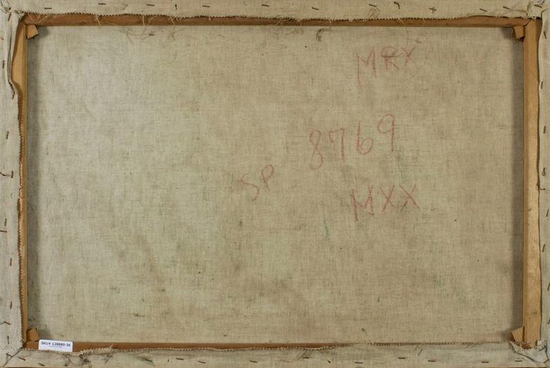 Puede incluir: La parte posterior de un lienzo de pintura con texto escrito a mano en rojo que dice "MRX", "SP 8769" y "MXX".