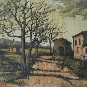 Puede incluir: Una pintura de un paisaje rural con varias casas y &aacute;rboles. Las casas est&aacute;n pintadas en tonos marrones y beige, y los &aacute;rboles son de un verde oscuro. El cielo es de un azul claro con algunas nubes. La pintura est&aacute; realizada en un estilo realista.