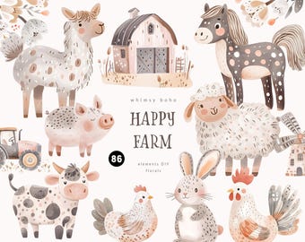 Imágenes prediseñadas de animales de granja en acuarela - Imágenes prediseñadas de guardería bohemia caprichosa - Conjunto de animales de granja - Imágenes prediseñadas para niños - Imágenes prediseñadas de vacas lindas - Ovejas, caballos PNG