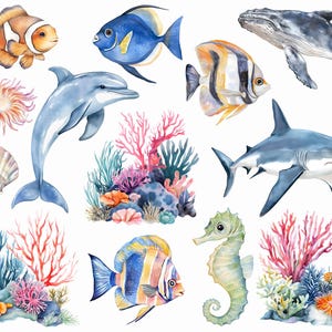 May include: Watercolor illustration of various sea creatures and coral reefs. The illustration features a blue and yellow fish, a blue and white fish, a grey whale, a grey shark, a blue dolphin, a green seahorse, and a variety of coral reefs in shades of pink, orange, and yellow.