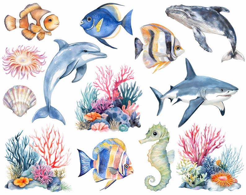 May include: Watercolor illustration of various sea creatures and coral reefs. The illustration features a blue and yellow fish, a blue and white fish, a grey whale, a grey shark, a blue dolphin, a green seahorse, and a variety of coral reefs in shades of pink, orange, and yellow.