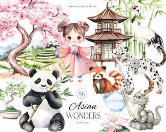 Imágenes prediseñadas de animales asiáticos de acuarela: viajes a Japón y Corea, niña yucateca en hanbok, imágenes prediseñadas de Asia, panda, leopardo de las nieves, sakura, pagoda