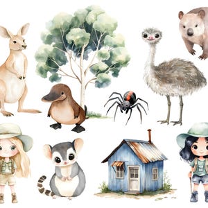 Puede incluir: Ilustraci&oacute;n en acuarela con animales australianos y ni&ntilde;os. Incluye un canguro, un em&uacute;, un wombat, un ornitorrinco, una ara&ntilde;a y una peque&ntilde;a casa azul. Dos ni&ntilde;os con trajes de safari, sombreros y mochilas.