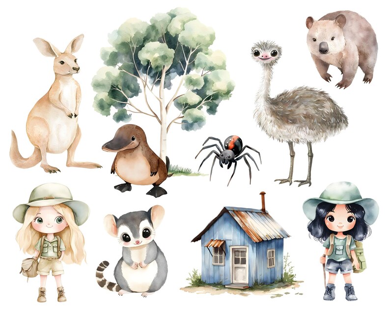 Puede incluir: Ilustraci&oacute;n en acuarela con animales australianos y ni&ntilde;os. Incluye un canguro, un em&uacute;, un wombat, un ornitorrinco, una ara&ntilde;a y una peque&ntilde;a casa azul. Dos ni&ntilde;os con trajes de safari, sombreros y mochilas.