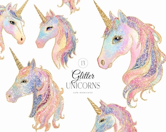 Imágenes prediseñadas de unicornio brillante - Imágenes prediseñadas de unicornios arcoíris pastel de acuarela - Imágenes prediseñadas lindas para niños - Imágenes prediseñadas PNG de unicornio iridiscente