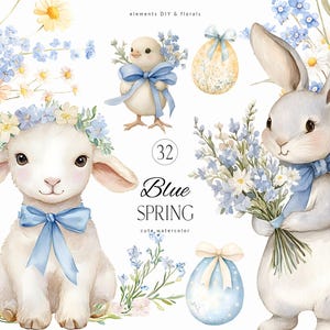Mignon bleu printemps aquarelle clipart - chambre de bébé printemps délicat - doux lapin clipart - mignon poussin d'agneau de Pâques PNG - licence de vente illimitée