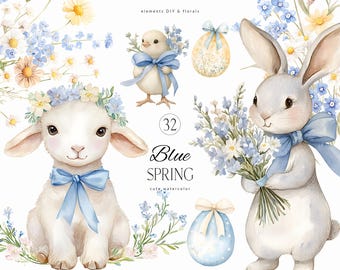 Lindo clipart de acuarela de primavera azul - Delicado vivero de primavera - Dulce clipart de conejito - Lindo pollito de cordero de Pascua PNG - Licencia de venta ilimitada