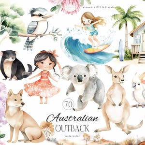 Puede incluir: Ilustraciones en acuarela de animales y paisajes australianos, incluyendo un kookaburra, un koala, un canguro y una ni&ntilde;a surfeando. El texto "Australian Outback" est&aacute; presente. La obra de arte tiene un tema DIY y floral.