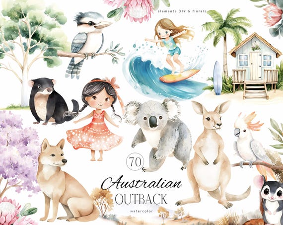 Australian Animals Clipart - Cute Kangaroo Koala Wombat Platypus Emu - Outback Wildlife Clip Art - Watercolor Kids Aussie Nursery Decor PNG