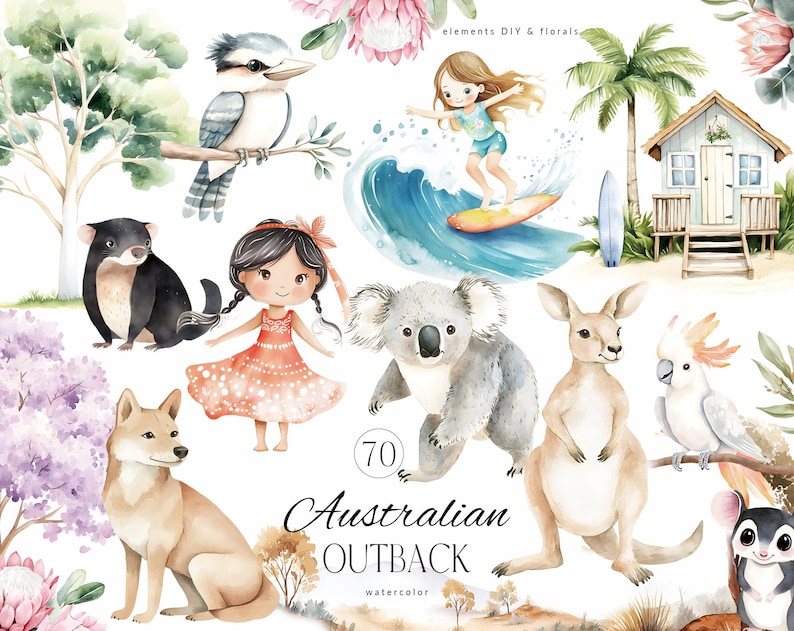 Puede incluir: Ilustraciones en acuarela de animales y paisajes australianos, incluyendo un kookaburra, un koala, un canguro y una ni&ntilde;a surfeando. El texto "Australian Outback" est&aacute; presente. La obra de arte tiene un tema DIY y floral.