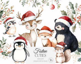 Animales polares con gorros de Papá Noel - Animales festivos del bosque - Animales lindos - Acuarela de invierno - Clipart navideño - Licencia comercial