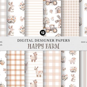 Puede incluir: Doce diseños de papel digital con temática de granja. Los papeles incluyen una variedad de patrones, que incluyen cuadros, rayas y diseños florales. Los diseños presentan animales de granja, como conejos, llamas y ovejas, así como equipos de granja, como tractores y molinos de viento.