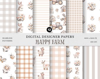 Conjunto de papeles digitales de animales de granja en acuarela: patrones a cuadros Cottagecore; conjunto de patrones sin costuras de animales de granja; guardería Whimsy Boho