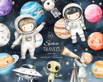 Lindo astronauta Clipart - Clipart del espacio - Clipart de cumpleaños de niño - Clipart de extraterrestre ovni - Planetas lindos - Clipart de pequeños astronautas para niños