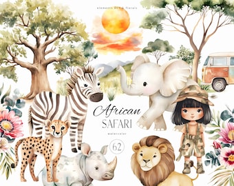Imágenes prediseñadas de animales de safari: cumpleaños de un niño salvaje, decoración de cumpleaños africana, camión de safari, decoración de guardería de sabana, guardería de animales africanos para niños