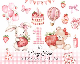Primer cumpleaños de bayas - Clipart de fresas de acuarela - Baby Shower dulce de bayas PNG - Decoración de fiesta de niña fresa - Guardería de fresas