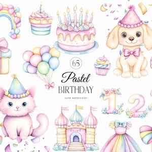 Clipart di compleanno pastello - Torte e palloncini acquerello arcobaleno, simpatici animali da festa, regali, fiocchi, numeri e castello gonfiabile, PNG per feste per bambini