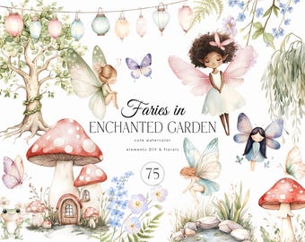 Imágenes prediseñadas de hadas mágicas - Hadas rosas - Imágenes prediseñadas lindas para niños - Casas de hadas de acuarela en un jardín encantado PNG - Licencia de venta ilimitada