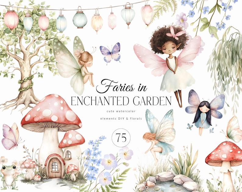 May include: Watercolor illustration of fairies in an enchanted garden with mushrooms, flowers, butterflies, and a pond. The illustration is in a whimsical style with soft colors and delicate details. The text "Fairies in Enchanted Garden" is written in a decorative font.