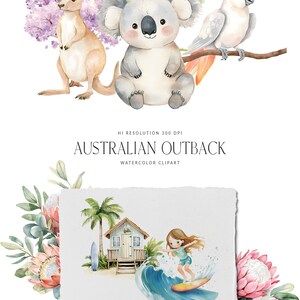 Puede incluir: Ilustraci&oacute;n en acuarela con animales australianos: un canguro, un koala y una cacat&uacute;a. La imagen tambi&eacute;n incluye una escena de playa con un surfista, una caba&ntilde;a de playa y el texto "AUSTRALIAN OUTBACK".