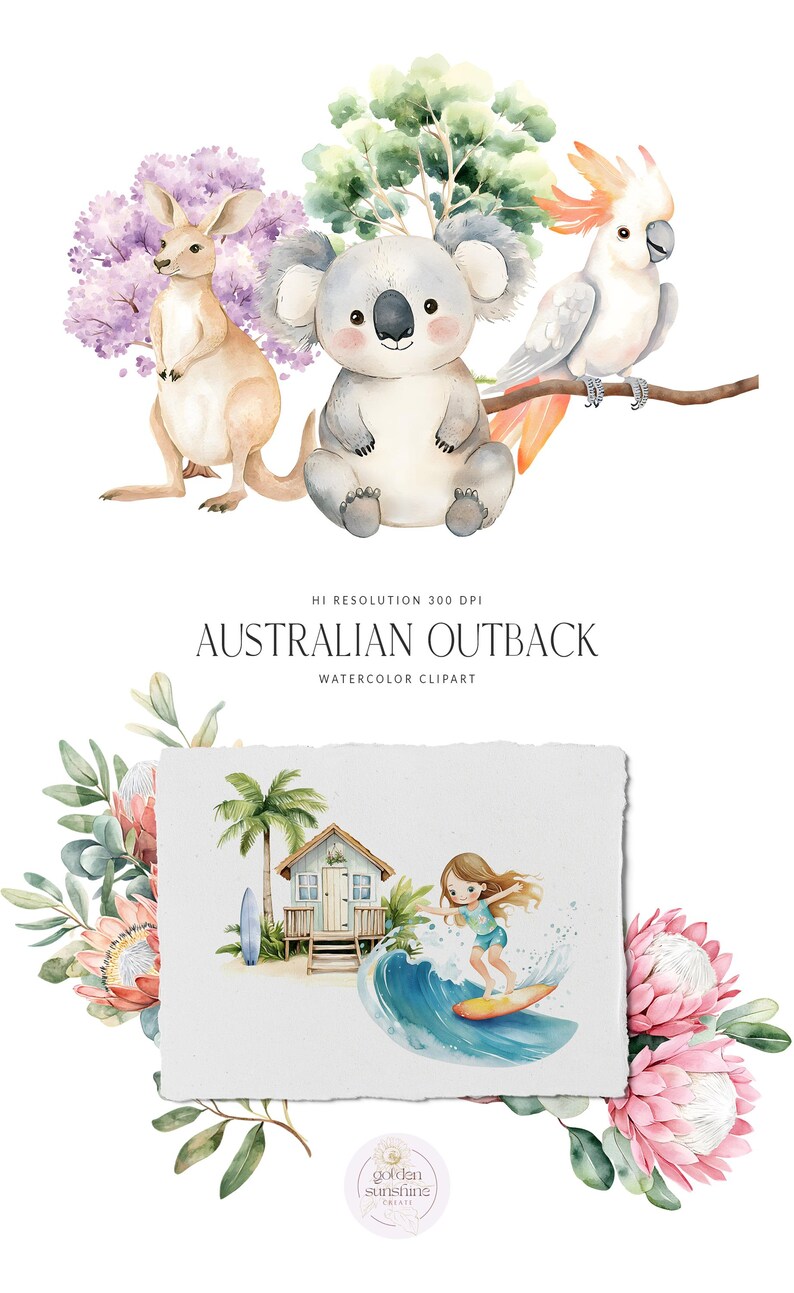 Puede incluir: Ilustraci&oacute;n en acuarela con animales australianos: un canguro, un koala y una cacat&uacute;a. La imagen tambi&eacute;n incluye una escena de playa con un surfista, una caba&ntilde;a de playa y el texto "AUSTRALIAN OUTBACK".