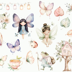 May include: Watercolor illustration featuring a whimsical fairy with green wings, a frog wearing a blue vest, a ladybug, butterflies, and a treehouse. The illustration is perfect for adding a touch of magic to any project.