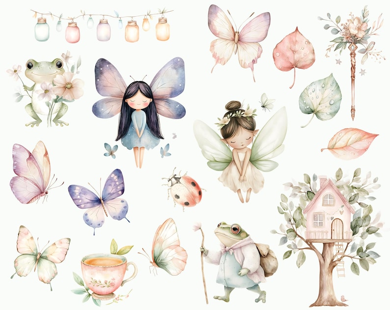 May include: Watercolor illustration featuring a whimsical fairy with green wings, a frog wearing a blue vest, a ladybug, butterflies, and a treehouse. The illustration is perfect for adding a touch of magic to any project.