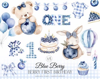Primer cumpleaños de arándanos - Clipart de arándanos en acuarela - Dulce arándano PNG - Baby Shower de arándanos - clipart de arándanos para niños