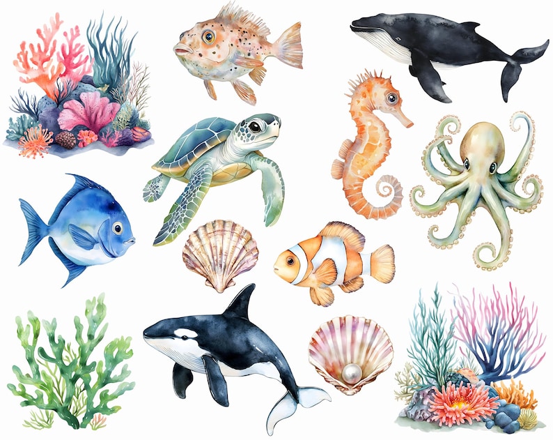 May include: Watercolor illustration of various sea creatures, including a seahorse, octopus, turtle, fish, whale, and coral. The illustration is perfect for a nautical themed nursery or children's room.