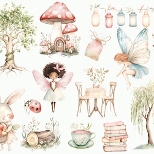 May include: A watercolor illustration set featuring a variety of whimsical woodland creatures and objects, including a fairy, a bunny holding apples, a mushroom house, a ladybug, a willow tree, a teacup, a stack of books, and a table with chairs.