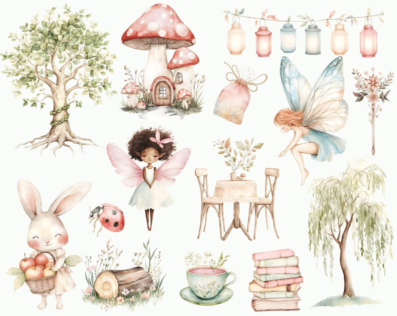 May include: A watercolor illustration set featuring a variety of whimsical woodland creatures and objects, including a fairy, a bunny holding apples, a mushroom house, a ladybug, a willow tree, a teacup, a stack of books, and a table with chairs.