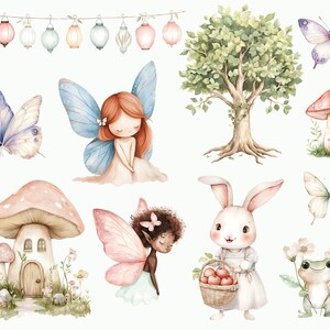 May include: A watercolor illustration featuring a variety of whimsical elements, including fairies, butterflies, mushrooms, a rabbit, a frog, and a tree. The illustration is set against a white background and features a pastel color palette.