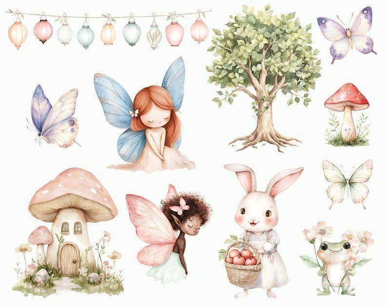 May include: A watercolor illustration featuring a variety of whimsical elements, including fairies, butterflies, mushrooms, a rabbit, a frog, and a tree. The illustration is set against a white background and features a pastel color palette.