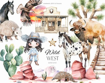 Clipart del salvaje oeste - Baby shower de vaquero y vaquera - Clipart de animales del oeste - Clipart del oeste de acuarela Clipart de caballos Fiesta del oeste