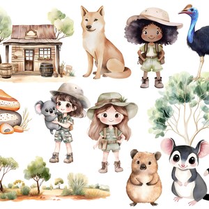 Puede incluir: Ilustraci&oacute;n en acuarela con tem&aacute;tica australiana. Incluye una caba&ntilde;a de madera, un perro Shiba Inu, un casuario, ni&ntilde;os con trajes de safari, un koala, un quokka, un petauro de cola anillada y rocas y &aacute;rboles estilizados.