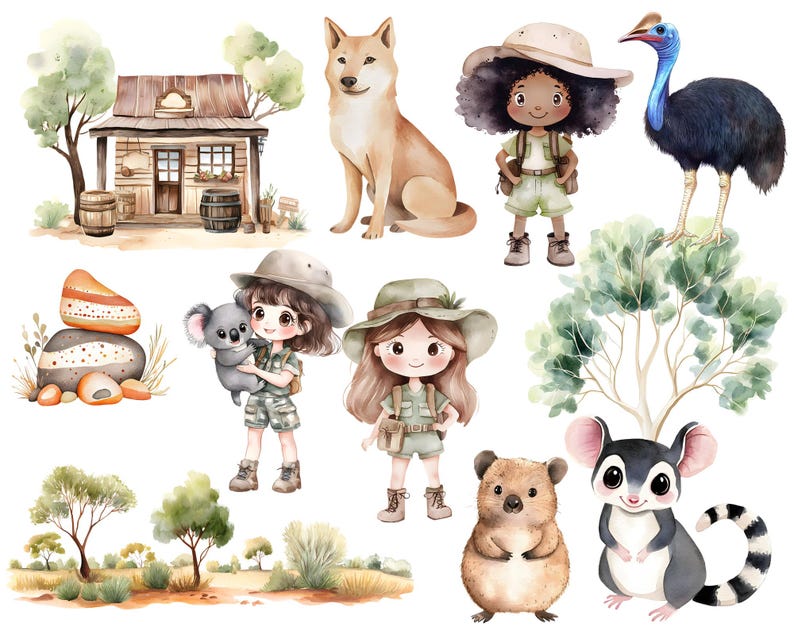 Puede incluir: Ilustraci&oacute;n en acuarela con tem&aacute;tica australiana. Incluye una caba&ntilde;a de madera, un perro Shiba Inu, un casuario, ni&ntilde;os con trajes de safari, un koala, un quokka, un petauro de cola anillada y rocas y &aacute;rboles estilizados.