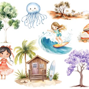 Puede incluir: Ilustraciones en acuarela de una escena de playa con una ni&ntilde;a surfeando, una caba&ntilde;a de playa, palmeras, una medusa y un &aacute;rbol. La paleta de colores incluye azules, verdes y naranjas.
