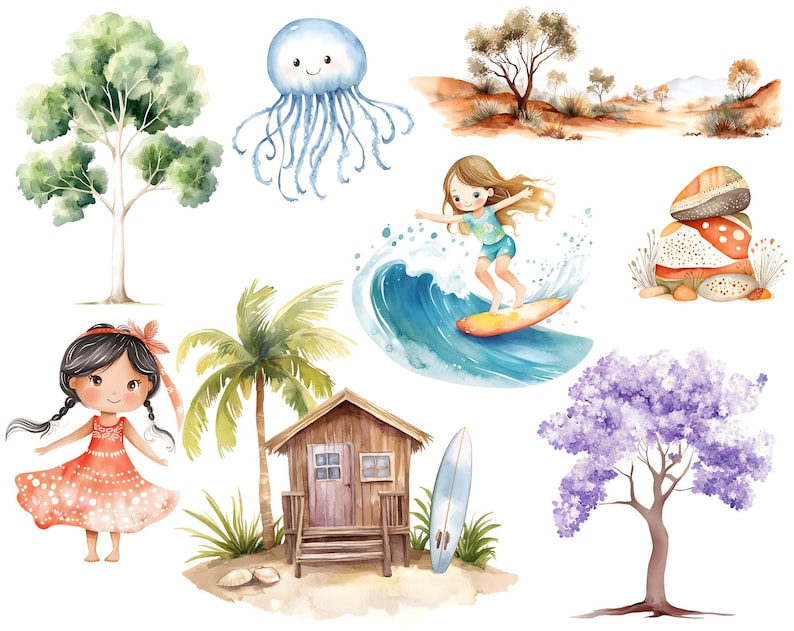 Puede incluir: Ilustraciones en acuarela de una escena de playa con una ni&ntilde;a surfeando, una caba&ntilde;a de playa, palmeras, una medusa y un &aacute;rbol. La paleta de colores incluye azules, verdes y naranjas.