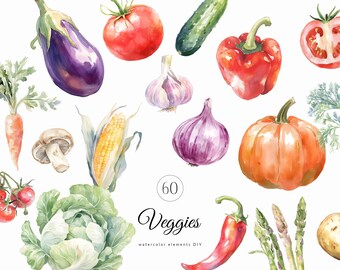 Verduras en acuarela PNG - Clipart de verduras frescas en acuarela - Clipart de comida - Clipart de receta vegana ecológica - Licencia de venta ilimitada