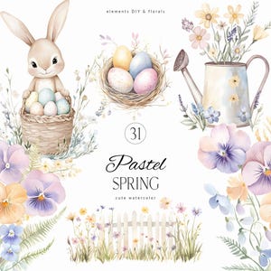 Niedliche Pastell Frühling Aquarell Clipart - Zarte Frühling Kinderzimmer - Süße Häschen Clipart - Niedliche Ostereier PNG - Unlimitierte Verkaufslizenz