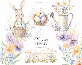 Cute Pastel Spring Watercolor clipart - Delicate Spring Nursery - Sweet Bunny Clipart - Cute Easter Eggs PNG - Unlimited Sales License