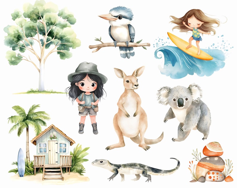 Puede incluir: Ilustraciones en acuarela de animales y paisajes australianos, incluyendo un canguro, un koala, un kookaburra, un gecko y una ni&ntilde;a surfeando. Tambi&eacute;n se representan un &aacute;rbol, una casa de playa y piedras apiladas. La obra de arte tiene un estilo caprichoso.