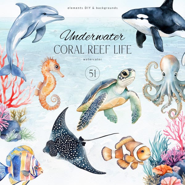 Ocean Animals Watercolor Clipart - Coral Reef clipart - Watercolor Underwater Clipart Set - Fish Sea Animals - Sea Creatures
