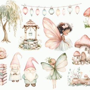May include: Watercolor illustration featuring a whimsical fairy garden with gnomes, fairies, mushrooms, a well, a willow tree, and a stack of books. The illustration is painted in soft pastel colors and features delicate details.
