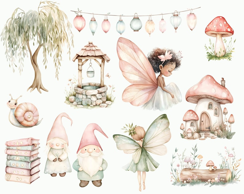 May include: Watercolor illustration featuring a whimsical fairy garden with gnomes, fairies, mushrooms, a well, a willow tree, and a stack of books. The illustration is painted in soft pastel colors and features delicate details.