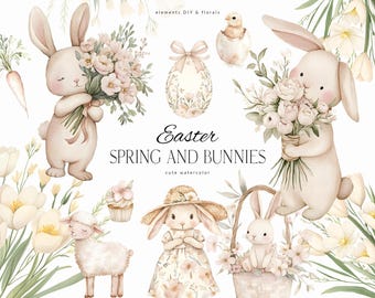 Lindos conejitos de primavera, clipart de acuarela, delicados dibujos de guardería de primavera, lindos conejitos y corderos, lindos PNG de Pascua, licencia de venta ilimitada