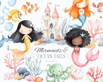 Imágenes prediseñadas de acuarela de lindas sirenas - Imágenes prediseñadas de animales del océano - Castillo submarino - Imágenes prediseñadas de arrecife de coral - Sirena de acuarela PNG - Imágenes prediseñadas para niños