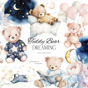 Clipart aquarelle ours en peluche - berceuse ours en peluche endormi - Boho beige mignon ours en peluche - lune ciel étoilé - Clipart baby shower