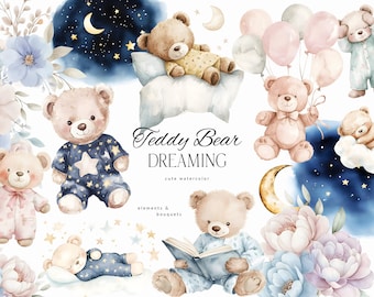 Watercolor Teddy Bear Clipart - Sleeping Teddy Bears Lullaby - Boho beige Cute Teddy-Bear - Moon Starry night sky  - Baby Shower Clipart
